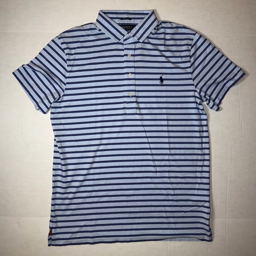 Polo by Ralph Lauren Men's Light Blue and Navy Striped Polo
